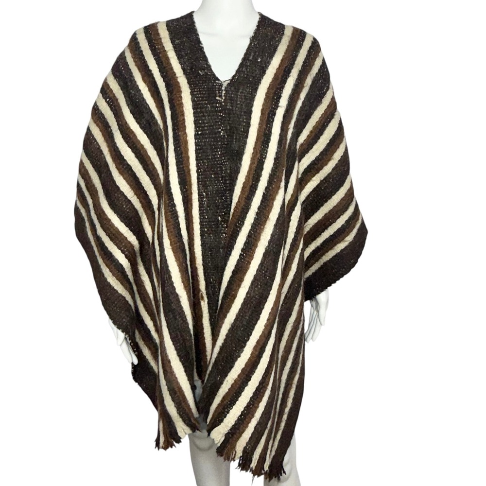 Luna D'oro Poncho Women OS Brown Striped 100% Alpaca Hand Made Bolivia Excellent - Picture 2 of 6